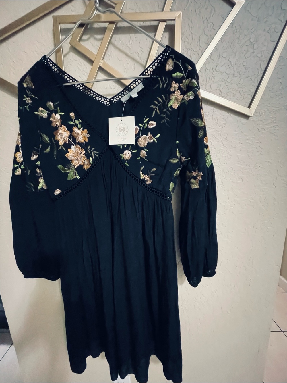 Embroidered Boho Black V-Neck Tunic Dress